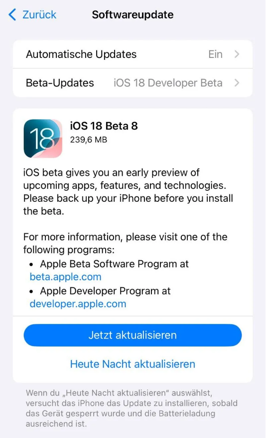 敦化苹果手机维修分享苹果 iOS / iPadOS 18 开发者预览版 Beta 8 发布 